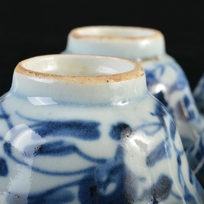 中国　青花　花文　煎茶碗　五客　時代箱付　M　R7281