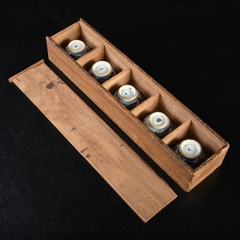 中国　青花　花文　煎茶碗　五客　時代箱付　M　R7281