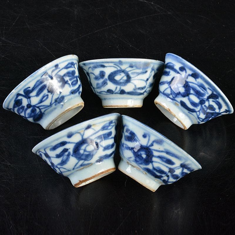 中国　青花　花文　煎茶碗　五客　時代箱付　M　R7281