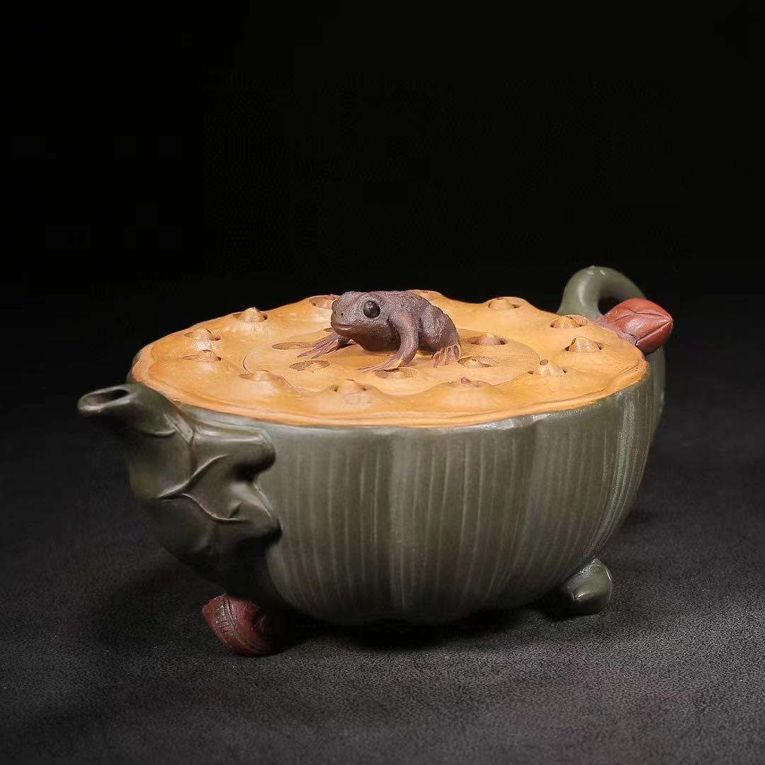 中国古美術・原鉱段泥 カエル蓮子壺 、底槽款:蒋蓉紋、紫砂壺・急須・茶道具