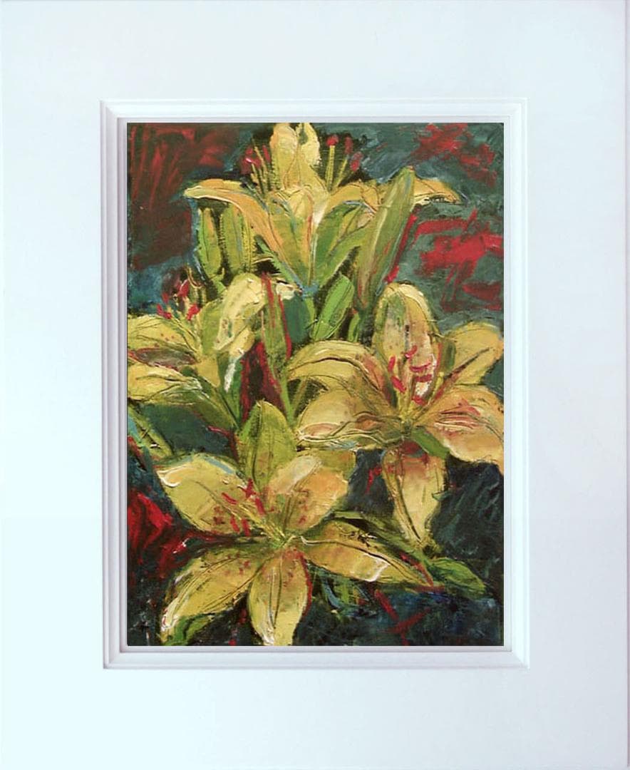 油絵 菅家令子 絵画インテリア 額付(青緑＋金色の枠)uF6-112102花ゆり