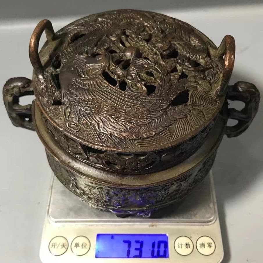 銅器 龍鳳盤香炉 薫香炉 香具 香道具 装飾品 工芸品 美術品 置物