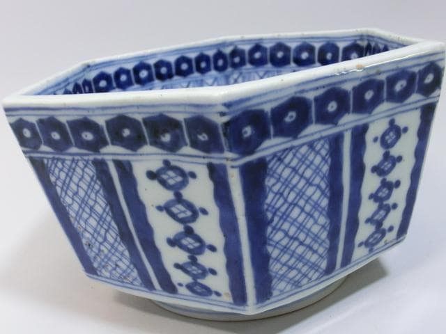 鉢■菊形六角染付丼鉢 太明成化年製 江戸期 天保 六角鉢 菓子器 時代物 骨董■