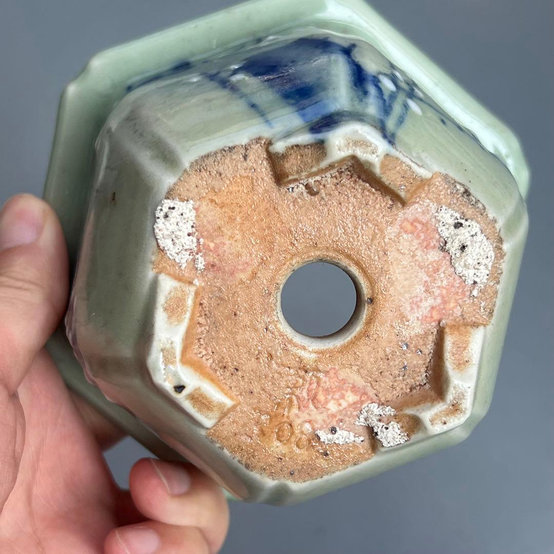 813.尾張焼 青瓷染付六角鉢 盆栽鉢 植木鉢 13.2*11.6*8.1cm