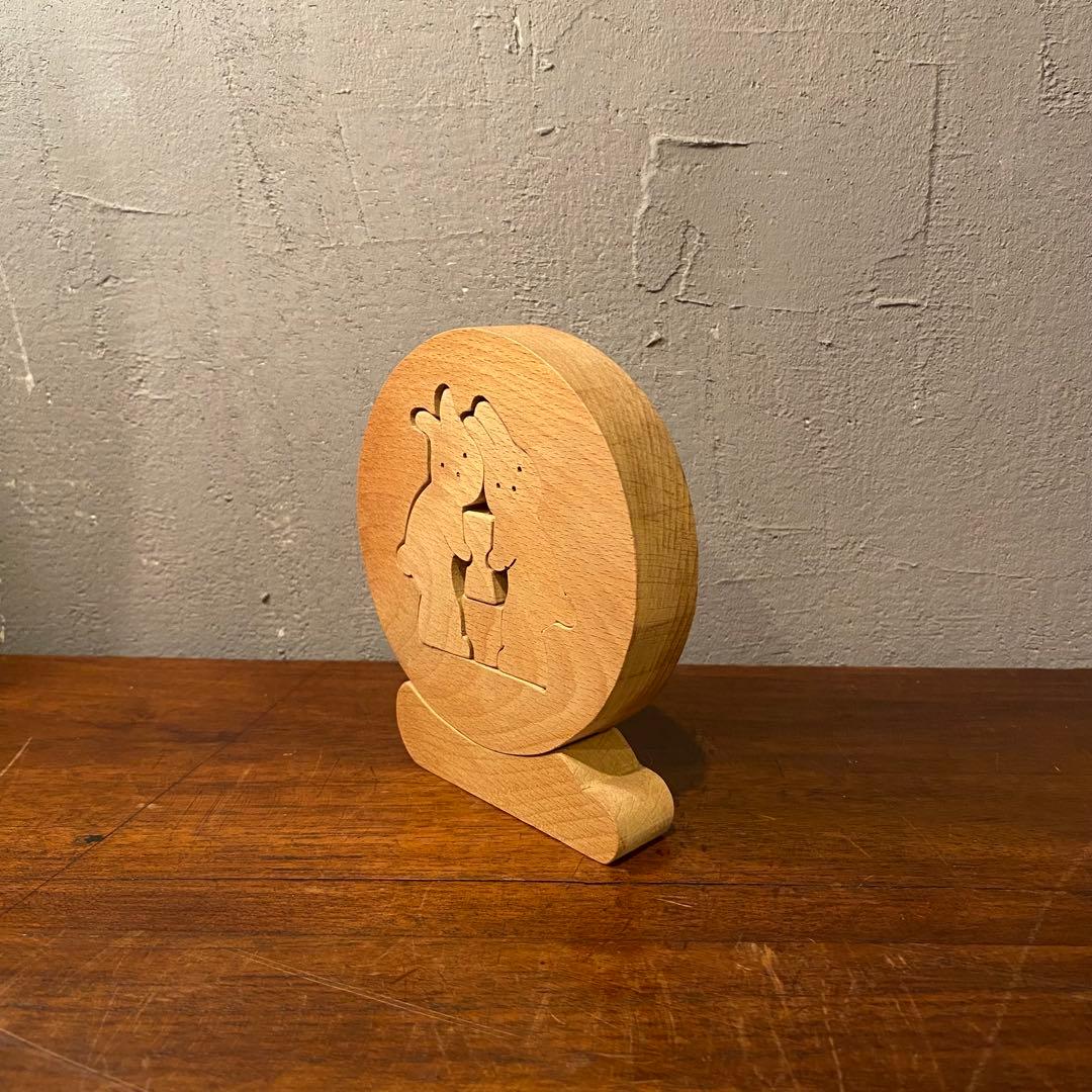 美品 木工細工 うさぎの餅付き 積み木オブジェ ヒノキ 置物 兎