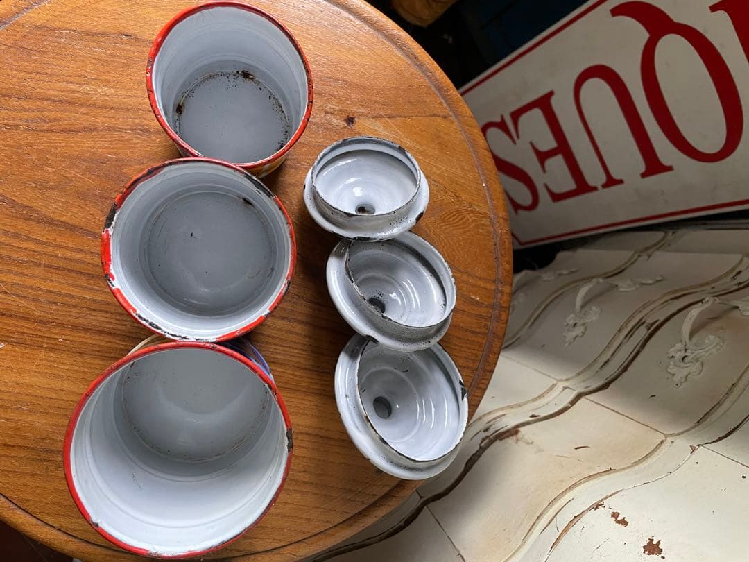 フランス　アンティーク　ホーロー　キャニスター　3個　ブルー　オレンジ　チェック