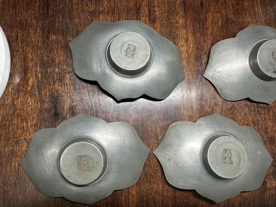 古錫　茶托　義春在銘　漢詩「霊芝」 彫刻　骨董　古美術