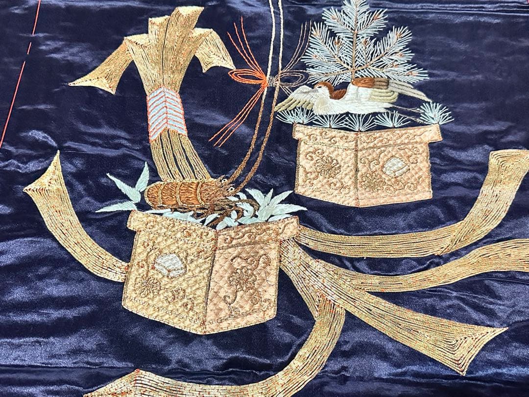 明治期・刺繍袱紗 熨斗目 松に雀 竹に海老 金駒刺繍 繻子 裏赤縮緬