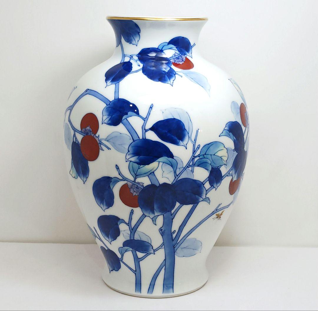 Y3122-8 深川製 染付色絵 柿図 花瓶 高さ28㎝　　ten