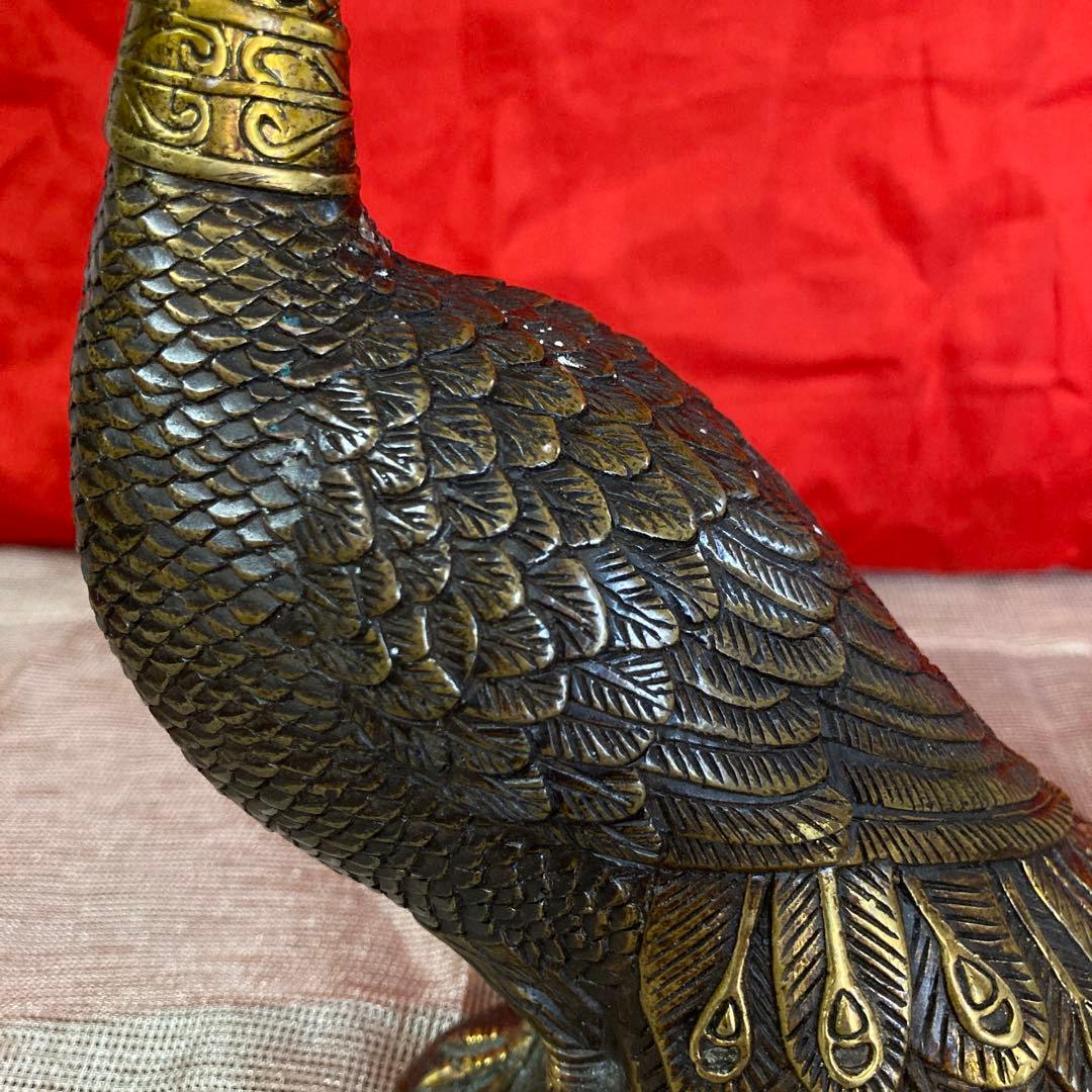 中国　古銅　孔雀像　置物　細密オブジェ　乾隆年製銘