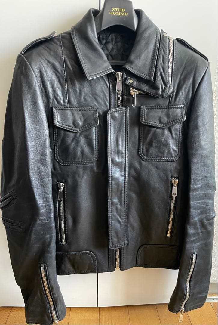 Stud homme L字-ZIP レザー ジャケット ブルゾン ライダース
