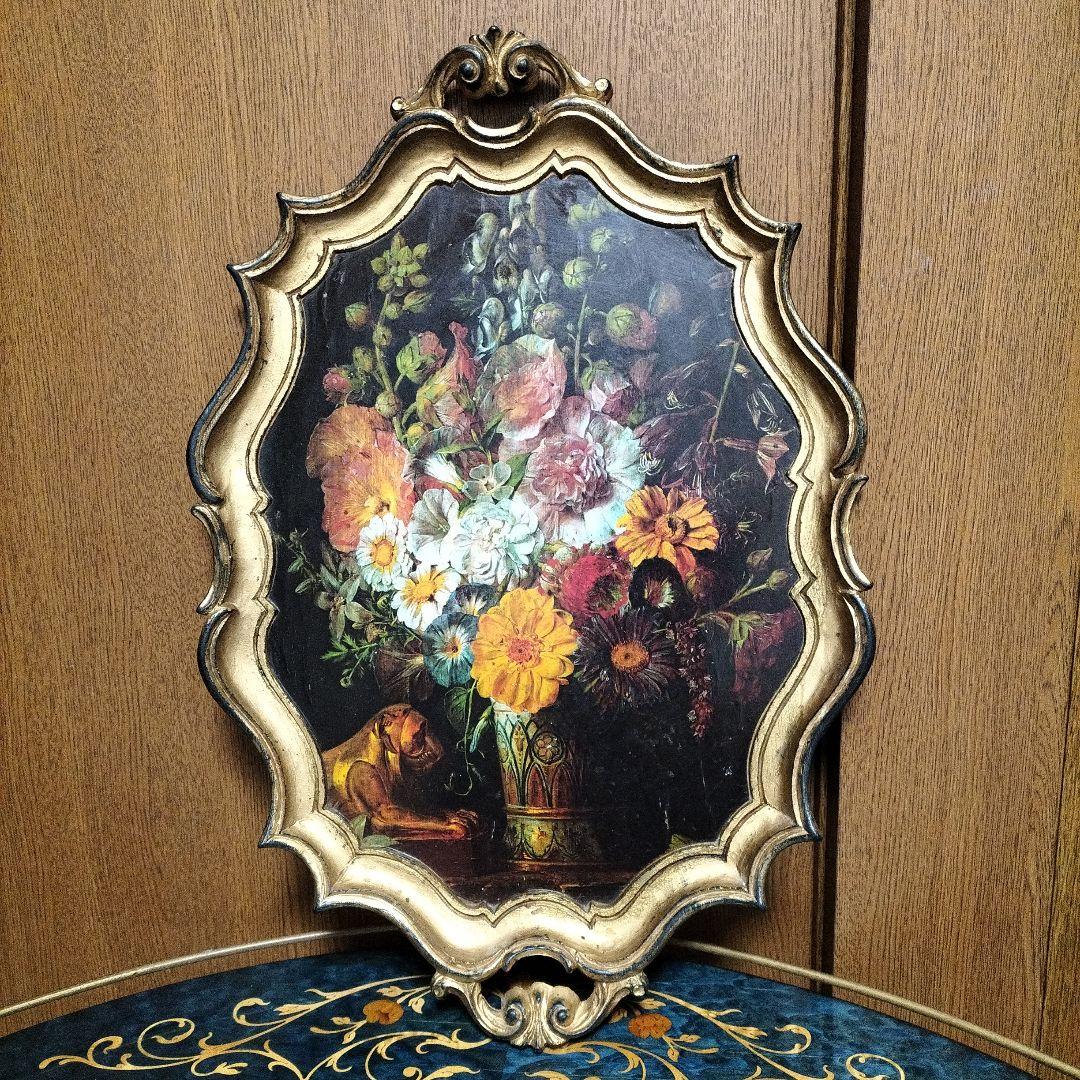 イタリア製　木製花の絵画 トレー　お盆　装飾的フレーム付き