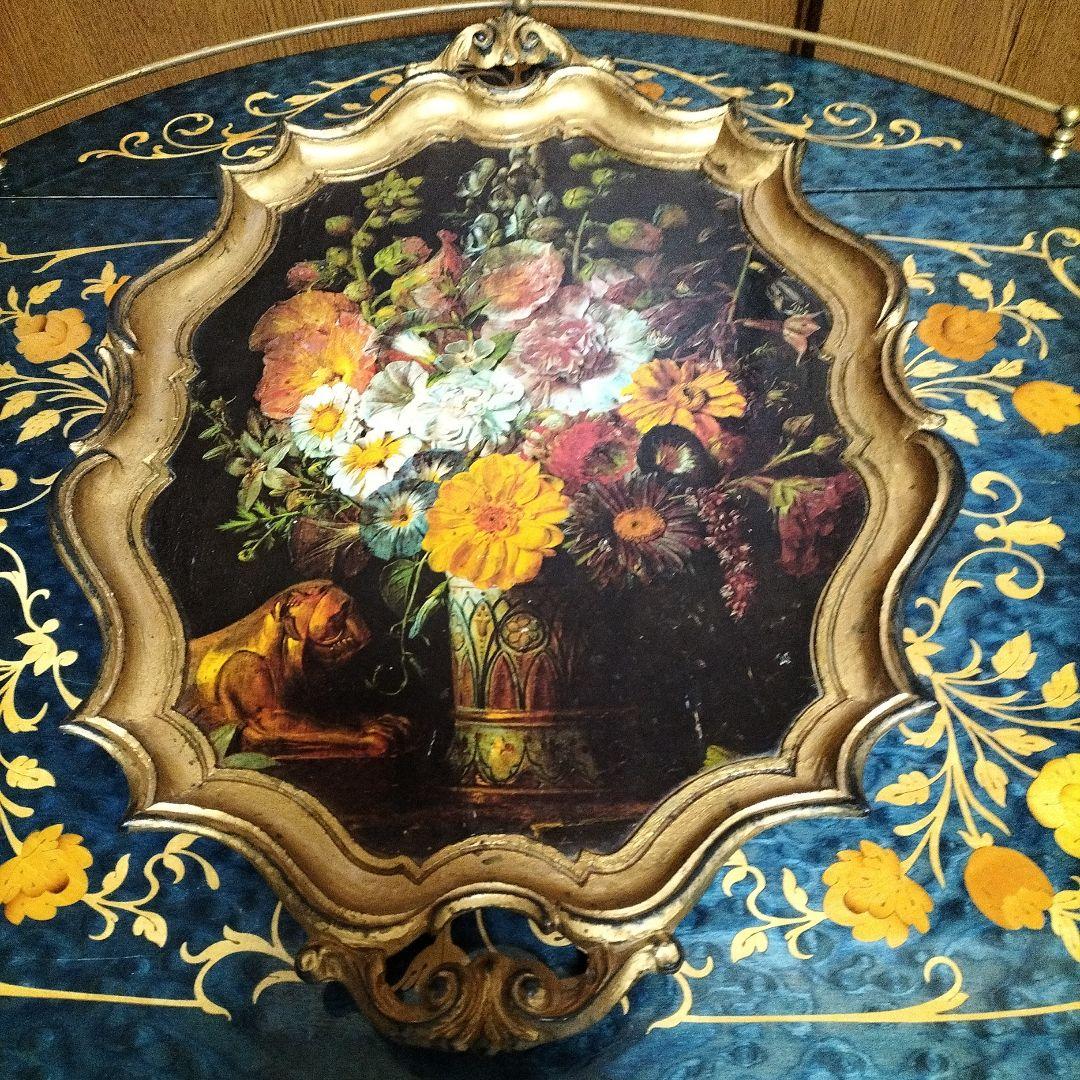 イタリア製　木製花の絵画 トレー　お盆　装飾的フレーム付き