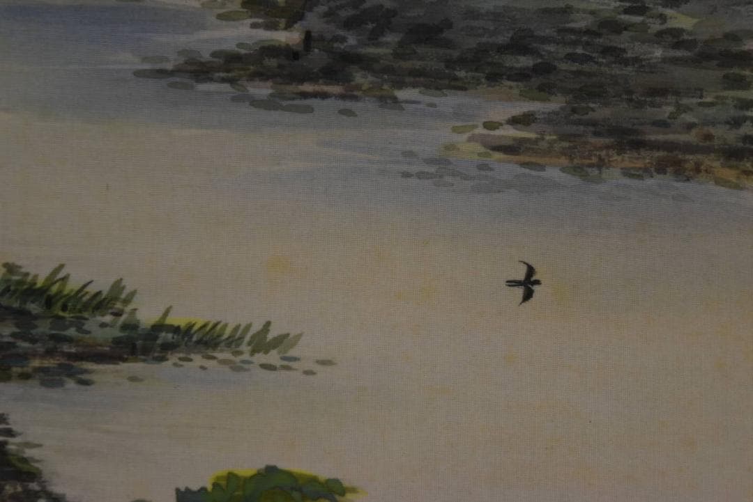 【真作】荻田東嶺/深渓緑陰図/青緑山水図/横物/掛軸☆宝船☆Z-913