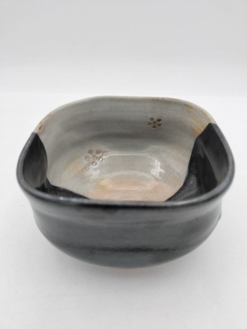 b469 茶碗 紀州焼 四方 利休梅 葵窯 寒川栖豊 木箱 茶道具 古物