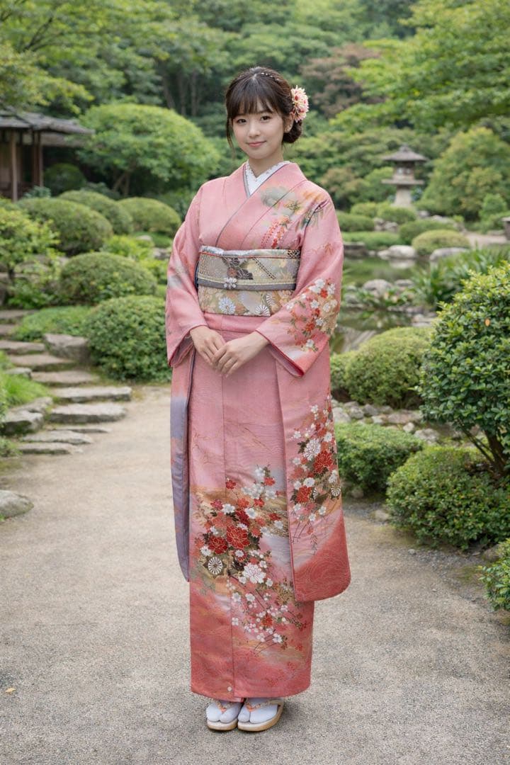 比翼付き 振袖 藤×雲取り 花車 金彩 ピンク×藤色 身丈155 裄64