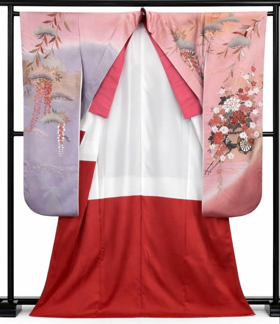 比翼付き 振袖 藤×雲取り 花車 金彩 ピンク×藤色 身丈155 裄64