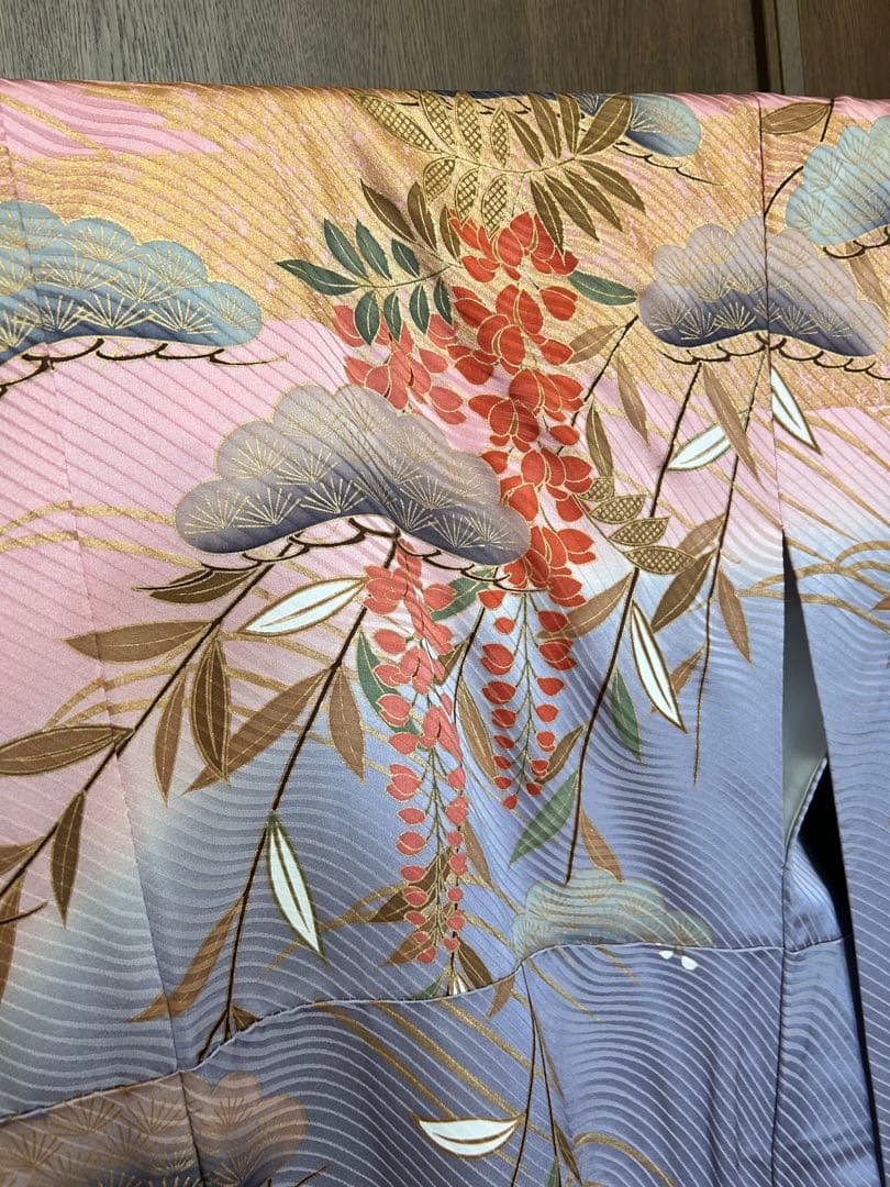 比翼付き 振袖 藤×雲取り 花車 金彩 ピンク×藤色 身丈155 裄64