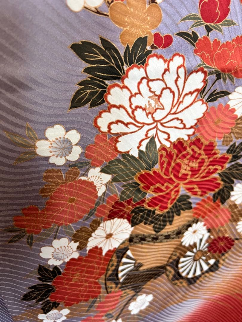 比翼付き 振袖 藤×雲取り 花車 金彩 ピンク×藤色 身丈155 裄64