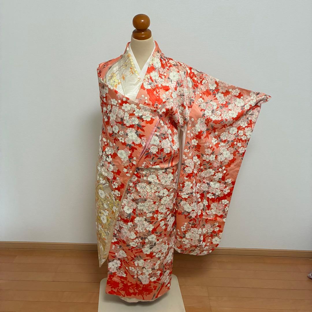 【美品】【振袖】総柄 桜 紗綾形地紋 朱色×アイボリー 卒業式 袴用にも