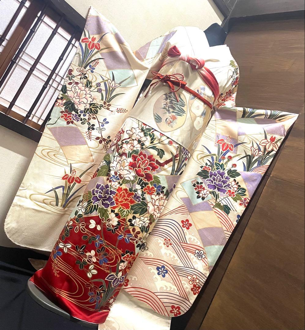 振袖フルセット6点サイズM〜Ｌ駒刺繍　流水鴛鴦花文　金彩　正絹