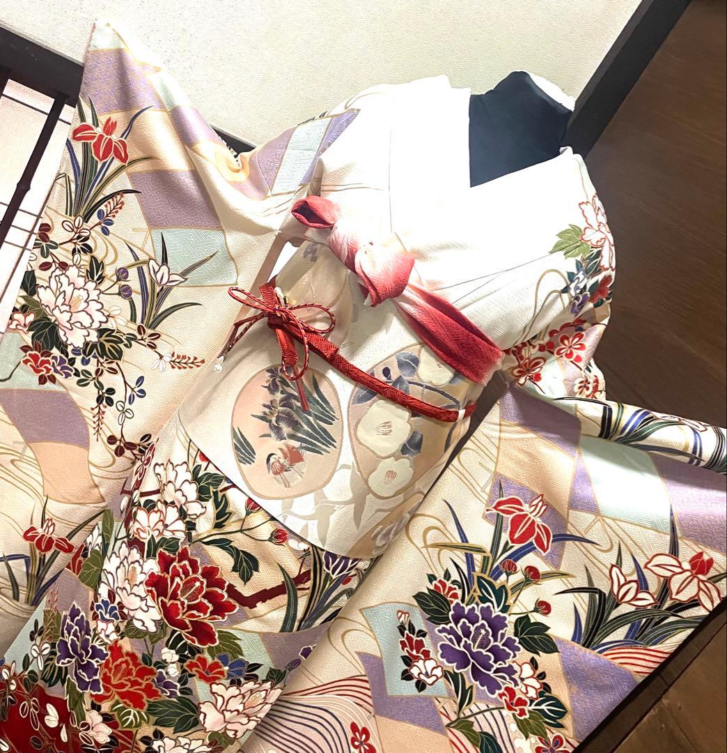 振袖フルセット6点サイズM〜Ｌ駒刺繍　流水鴛鴦花文　金彩　正絹