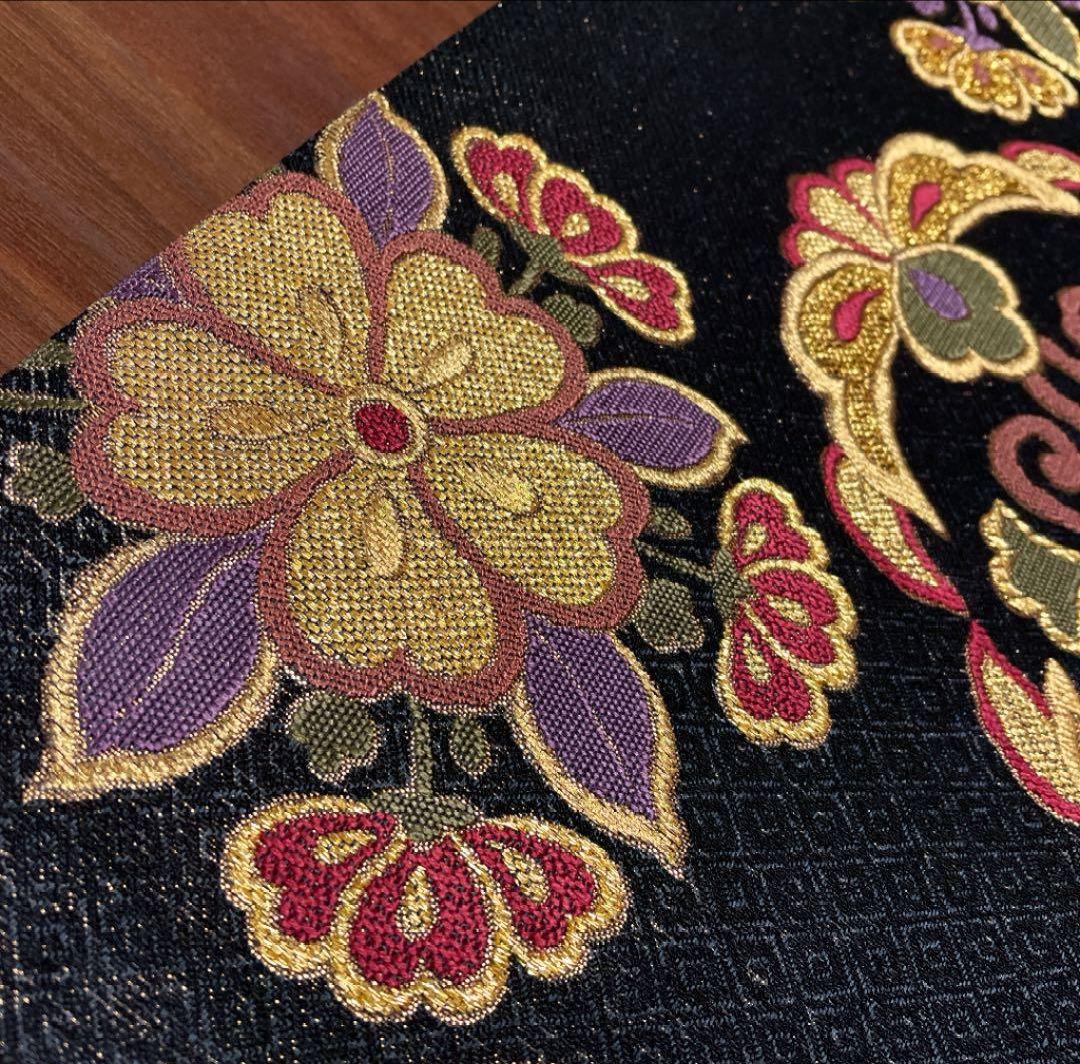 今だけ値下げ こむさでもーど 正絹 振袖用 黒地 華紋 六通 袋帯