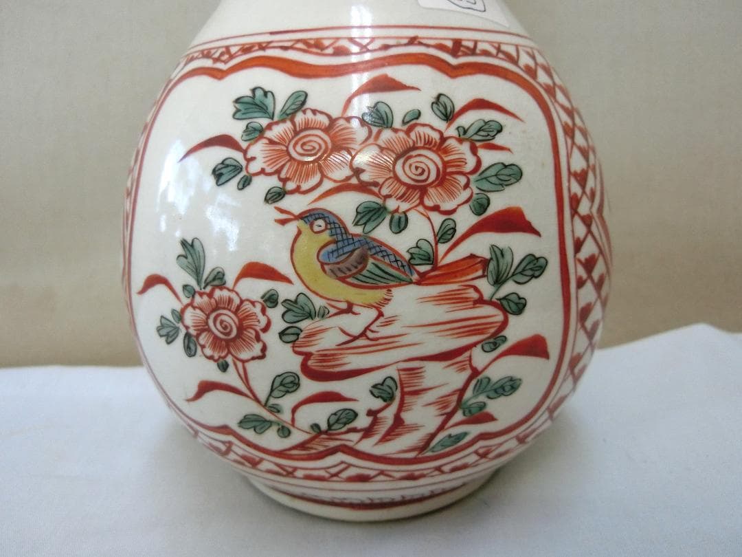 【九谷瓢箪型花器　色絵　角福銘　窓絵花鳥人物図・33】◆花瓶鑑賞　美術工芸　見事