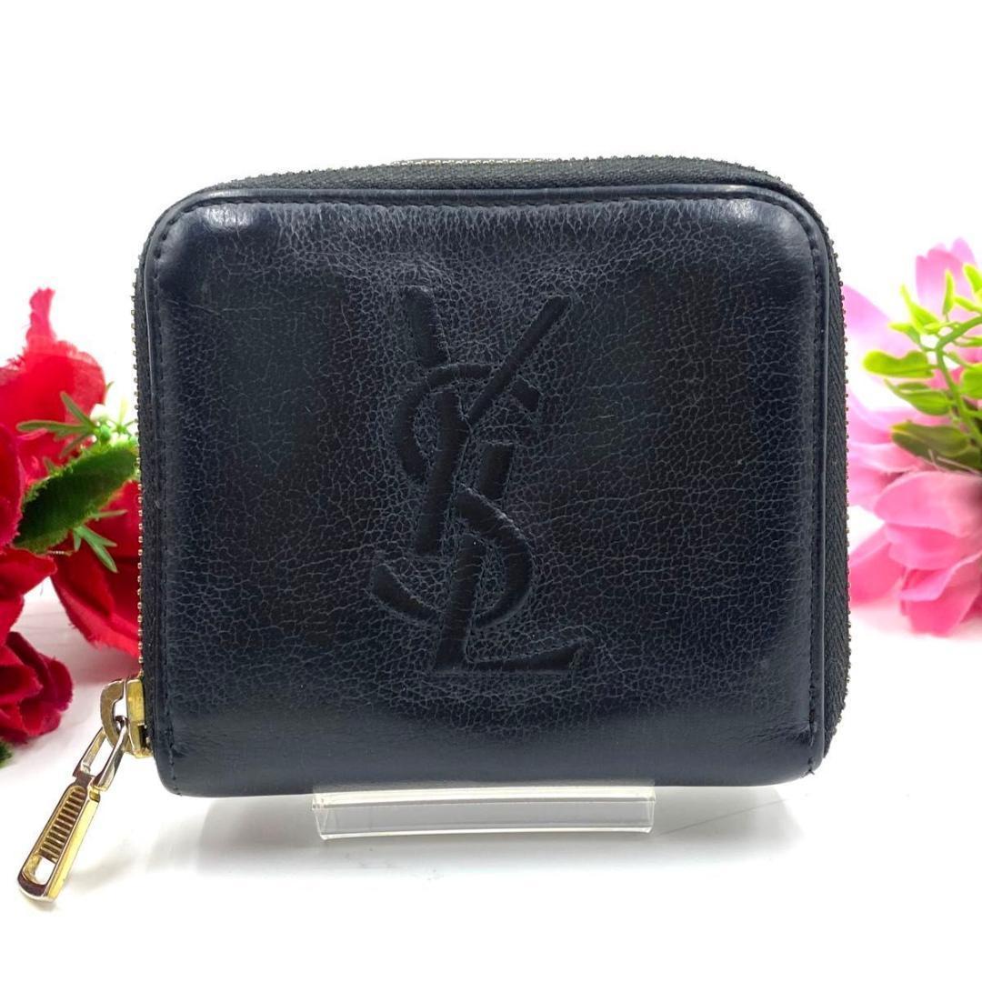 サンローラン◎二つ折り 財布 コンパクトジップ ラウンドファスナー ブラック 黒