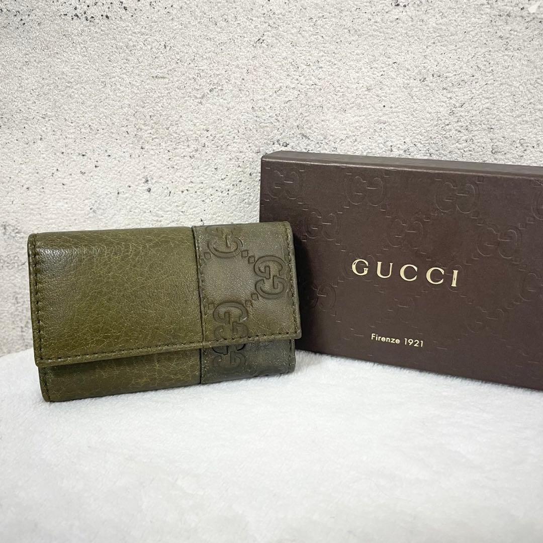 GUCCI グッチ　キーケース　シマ　レザー　GG 　本革　カーキ