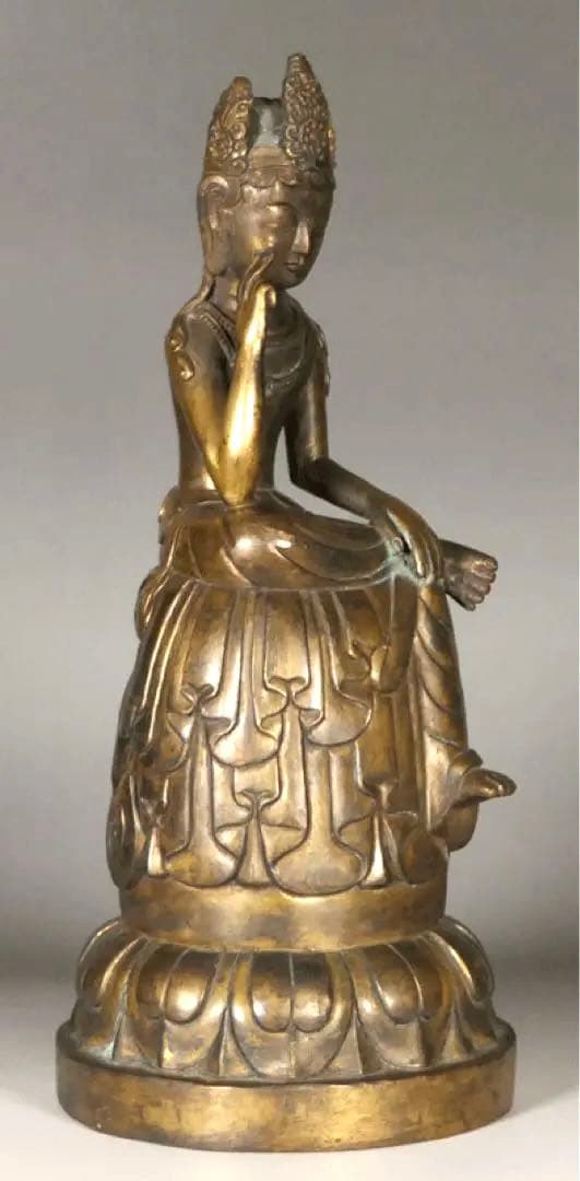 【 金銅弥勒菩薩半跏思惟像 白鳳時代 】 小金銅仏 銅造鍍金仏 骨董 仏像