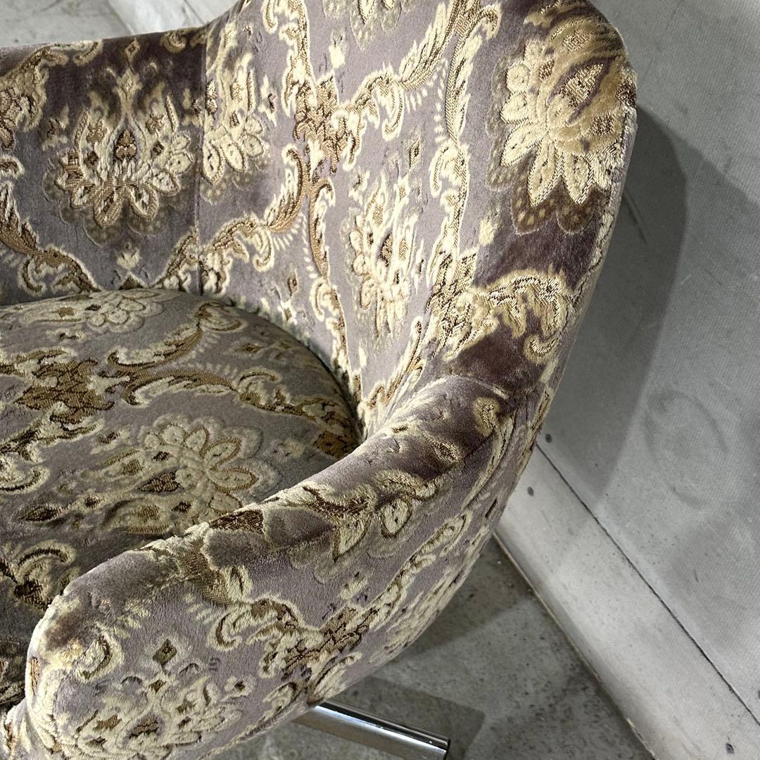 昭和レトロ ヴィンテージ ラウンジチェア 回転式 昇降 キャスター付 ダマスク柄