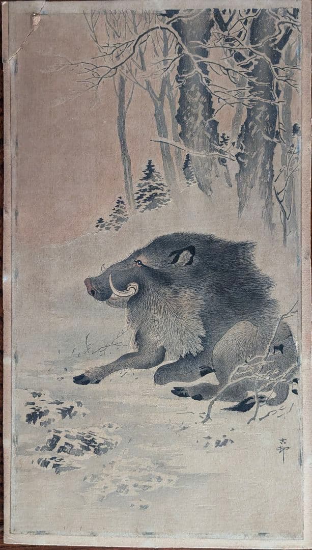 小原古邨「雪中の猪」本物木版画