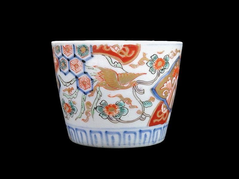 古伊万里　花に七宝紋　菊花四方襷紋に鳳凰の図　蕎麦猪口　E209AS-CXg
