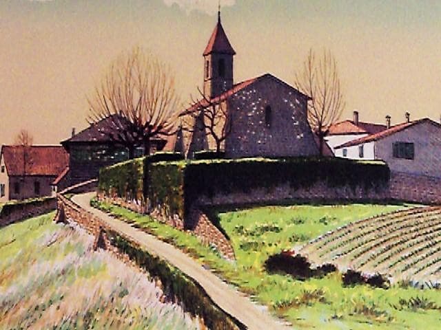 東京芸大教授★中根寛【丘の教会／スイス ジュネーブ郊外】傑作リトグラフ