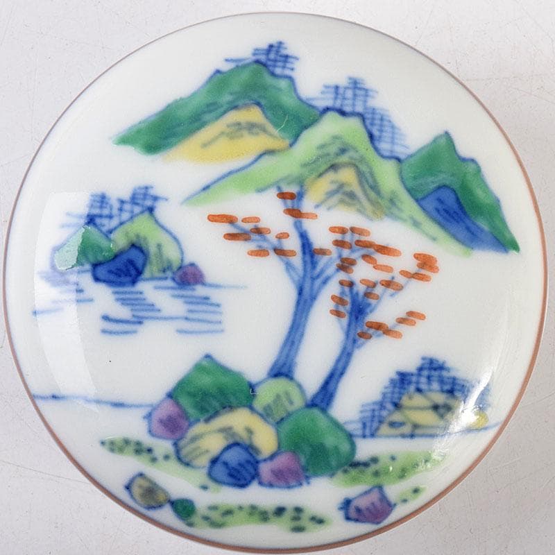 中国　成化年製款　五彩山水文　香合　時代箱　V　6998