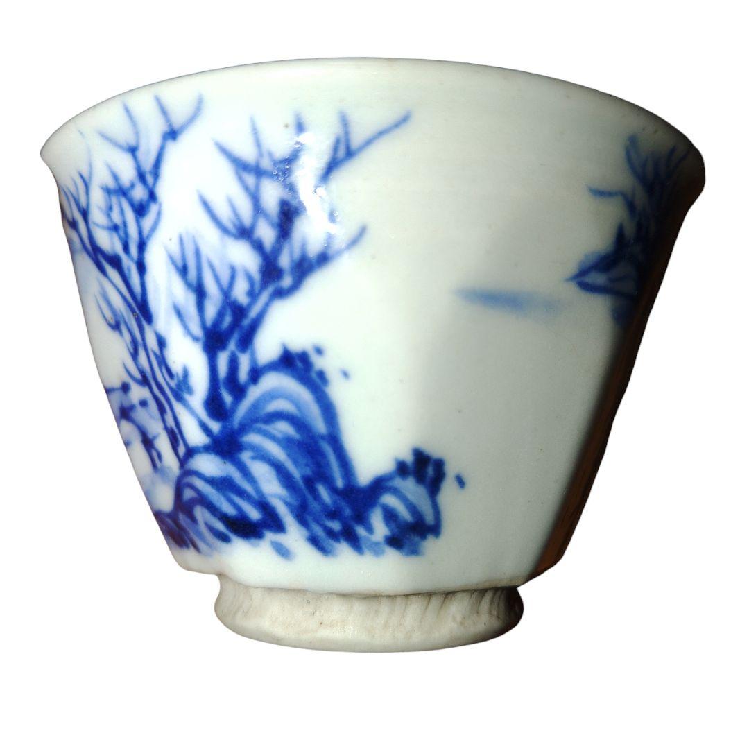 越後豊栄太丘焼　山水染付煎茶茶碗　茶道　明治美術