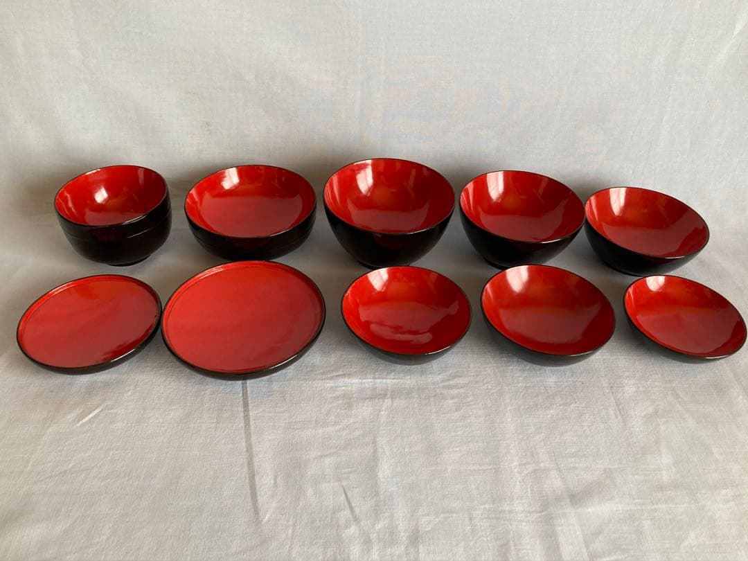 S1 蔵出し 輪島塗 輪島内朱椀 一文字椀5種2セット=10客 明治14年 国産