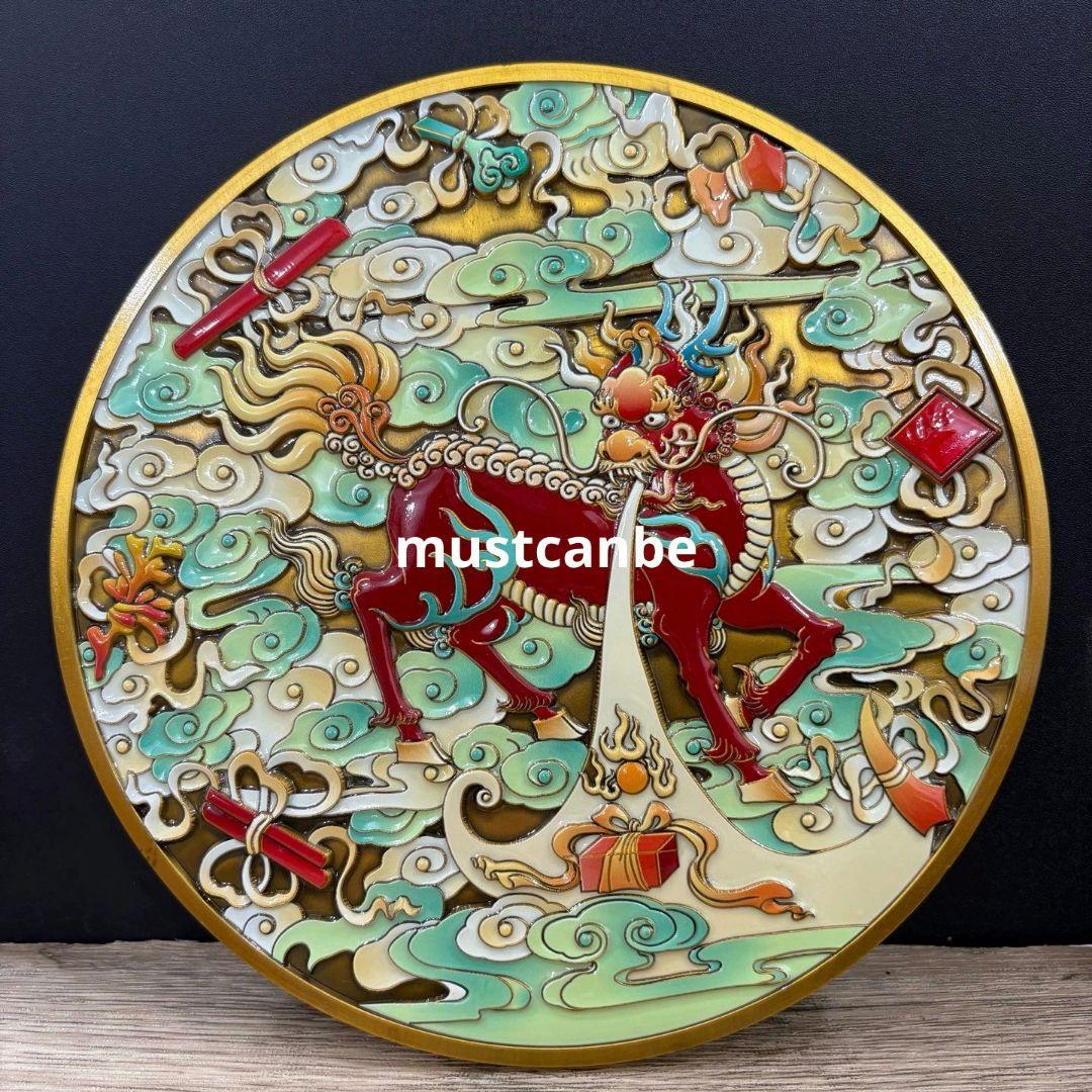 銅制 彫色絵麒麟銅鏡 招財納福 吉祥如意 装飾品 工芸品 置物