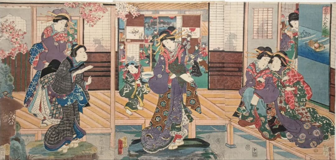 浮世絵版画、當世美人花之賑三枚綴り国輝舎国彦画（歌川国彦)安政2年出版