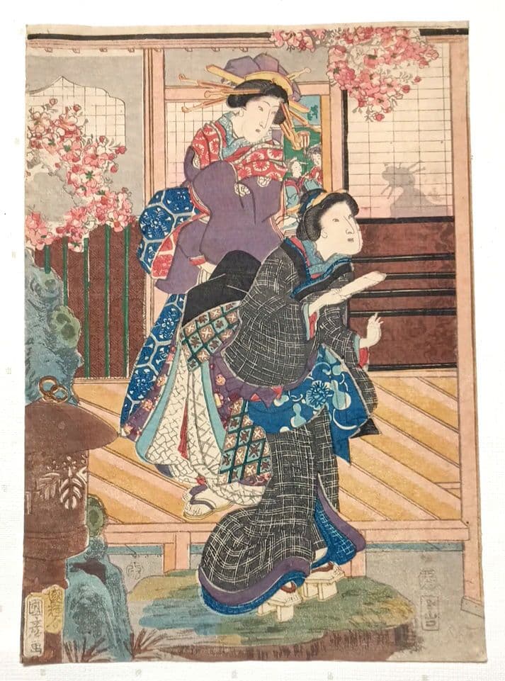 浮世絵版画、當世美人花之賑三枚綴り国輝舎国彦画（歌川国彦)安政2年出版