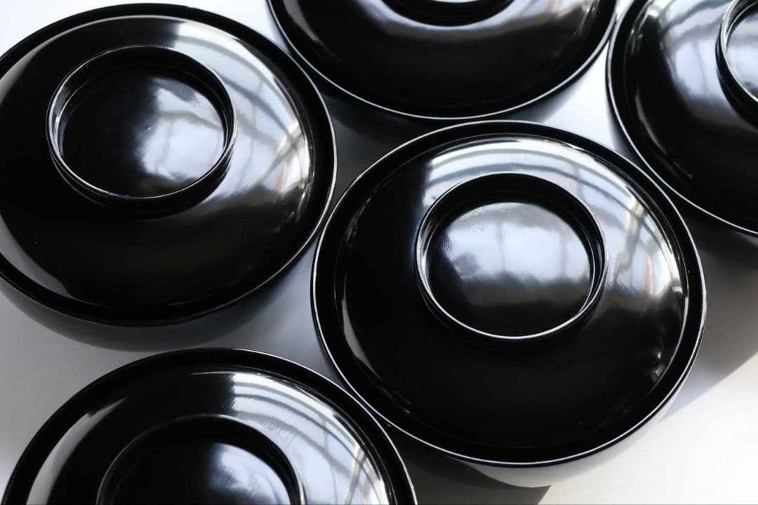 【CM412】天然木漆塗 加賀蒔絵 蓮と野菜金蒔絵 黒煮物椀 五客 漆器 昭和期