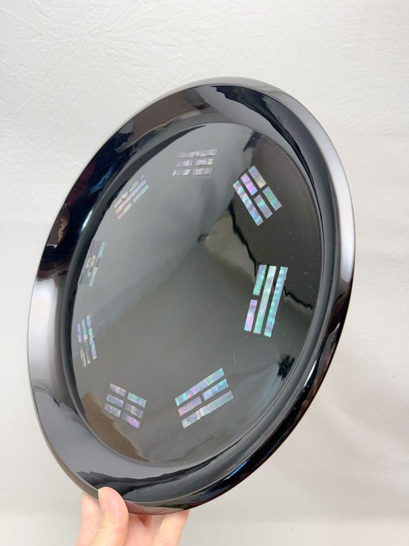 ほぼ未使用 茶道具 木製黒塗 螺鈿細工 青貝 八卦盆 元箱