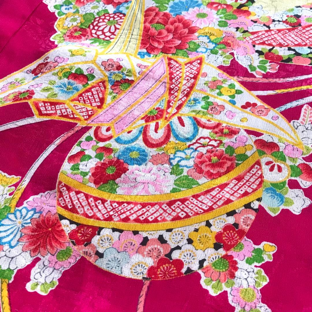 正絹 アンティーク着物 女の子 七五三 ◇檜扇 折鶴 まり 古典柄