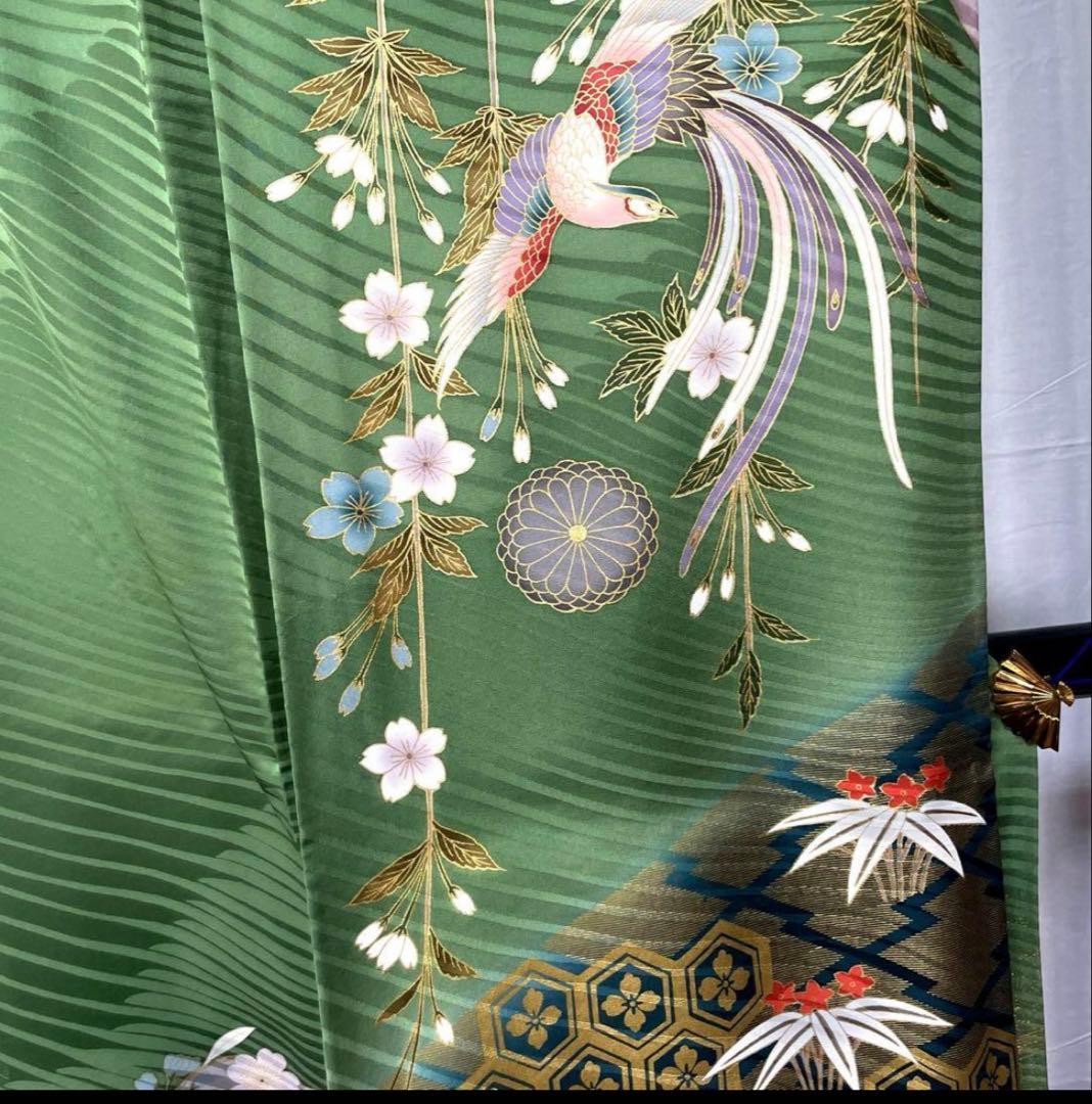 振袖　鳳凰梅　金駒刺繍　枝垂れ桜菊金彩　グリーン　正絹着物