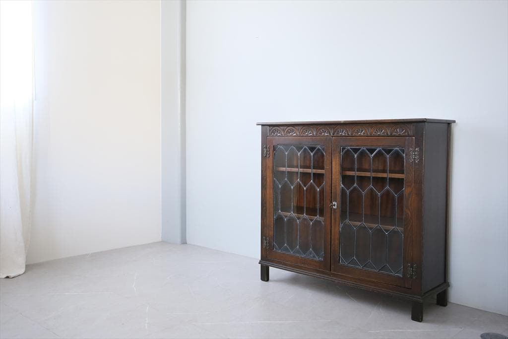 英国アンティーク木製ブックケースキャビネット/本棚/食器棚/飾り棚(91-28)