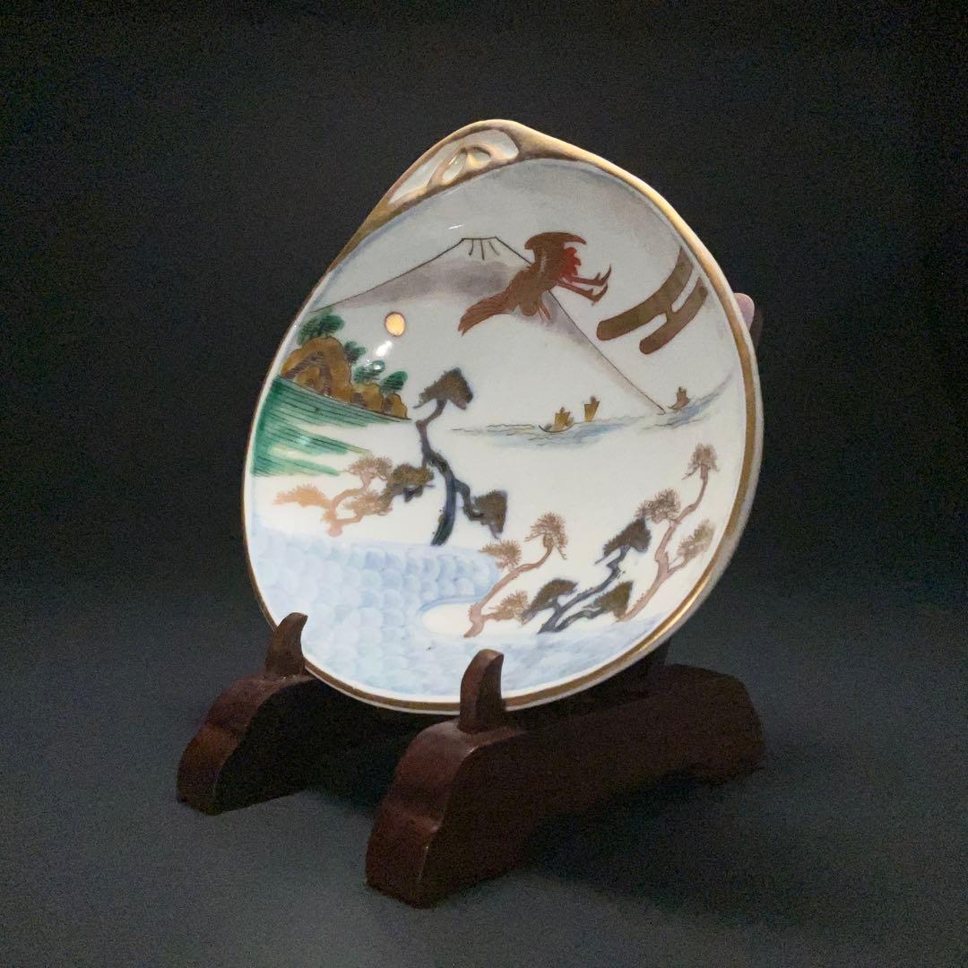 伊万里金襴手 富士と松鶴図貝形皿　古伊万里　骨董　R1285w1ダB