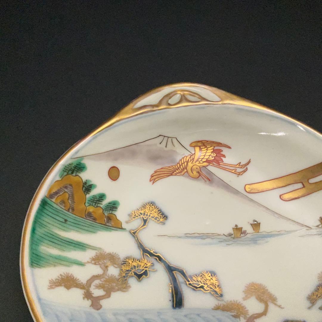 伊万里金襴手 富士と松鶴図貝形皿　古伊万里　骨董　R1285w1ダB