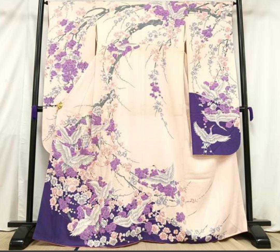 振袖 フルセット6点サイズM〜Ｌ　紫とピンクの花柄 鶴刺繍 正絹売り切り終了