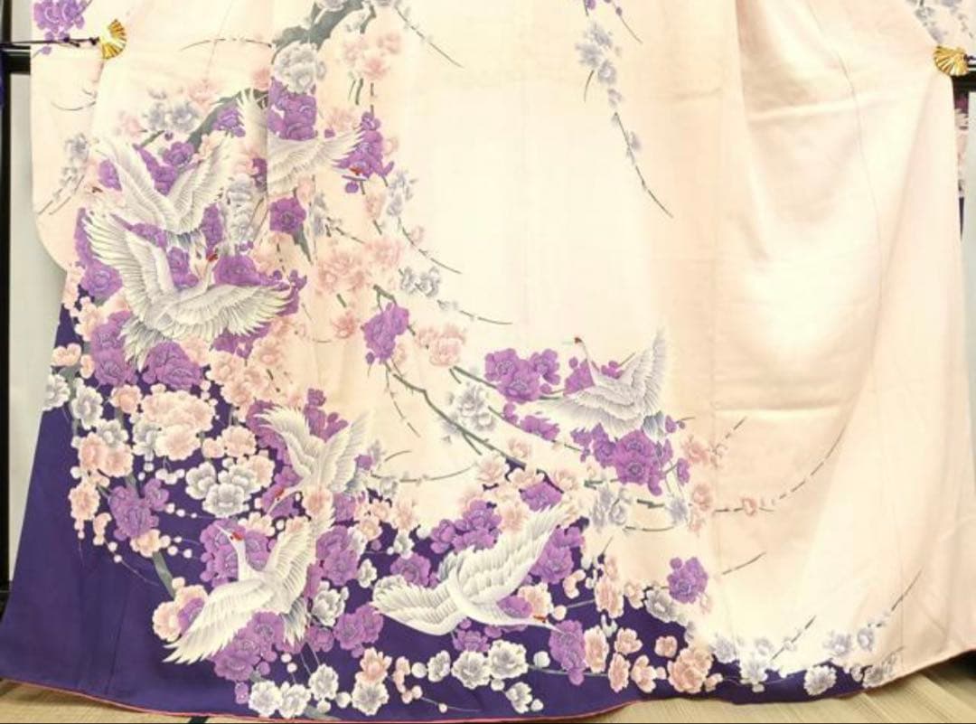 振袖 フルセット6点サイズM〜Ｌ　紫とピンクの花柄 鶴刺繍 正絹売り切り終了